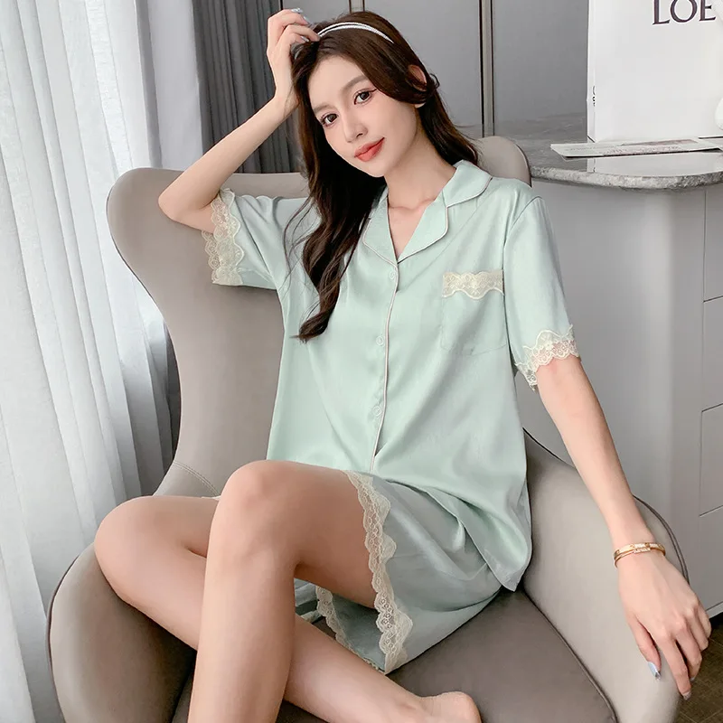 Pajamas Short-sleeved Shorts Set Women Summer Ice Silk 2022 Cool Solid Color Herringbone Lace Homewear Suit Loungewear Clothing