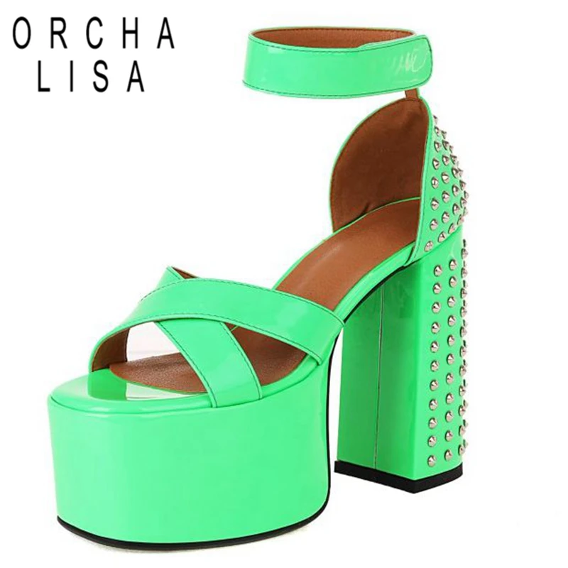 

ORCHALISA Women's Sandals 2022 Square Toe Open Large Size 34-43 Red Blue Summer High Chunky Heels Denim Hook Loop Platform S2848