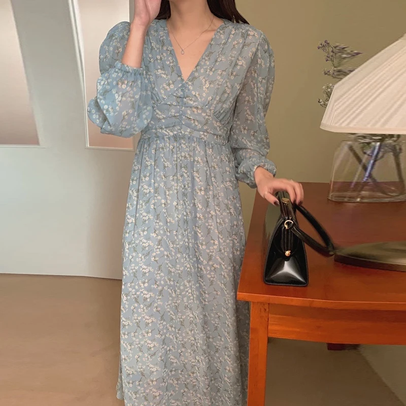 

Осеннее Модное Элегантное шифоновое платье WDMSNA для женщин, длинное платье с V-образным вырезом и цветочным принтом, женское Плиссированное ...