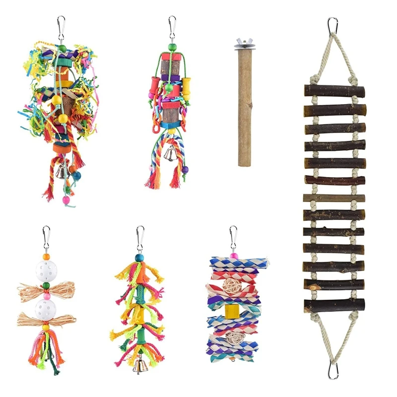 

7 Pack Bird Chewing Toys Parrot Shredder Toy Wood Perch Ladder for Cockatiel