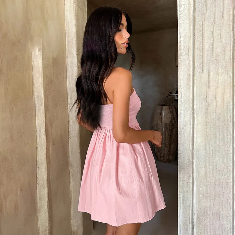 LangMao Pleated Waist Wrap A-line Dress Women Strapless Mini 2024 Spring Summer Backless Nightclub Party Dresses --------