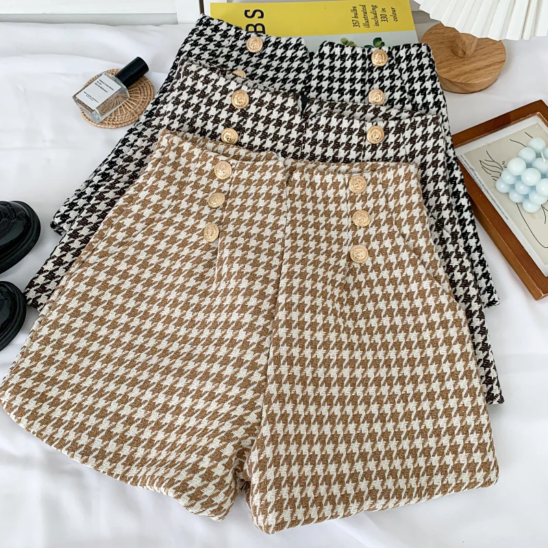 Ashgaily 2023 Tweed Shorts Women High Waist Short Women Casual Solid Wide Houndstooth Shorts Metal Buttons Bottom