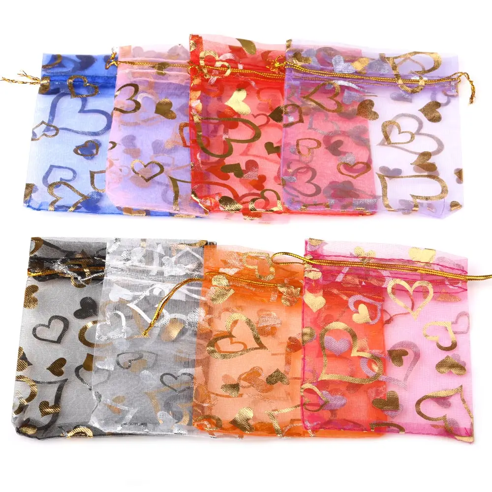 

25pcs/50pcs 7x9/9x12/10x15/13x18cm Love Heart Gift Organza Bag Gold Color Printing Drawstring Jewelry Pouch for Party Wedding