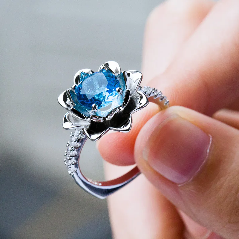 

Milangirl Ladies Silver Color Lotus Flower Rings Sea Blue Crystal Zircon Engagement Proposal Ring Women Wedding Anniversary