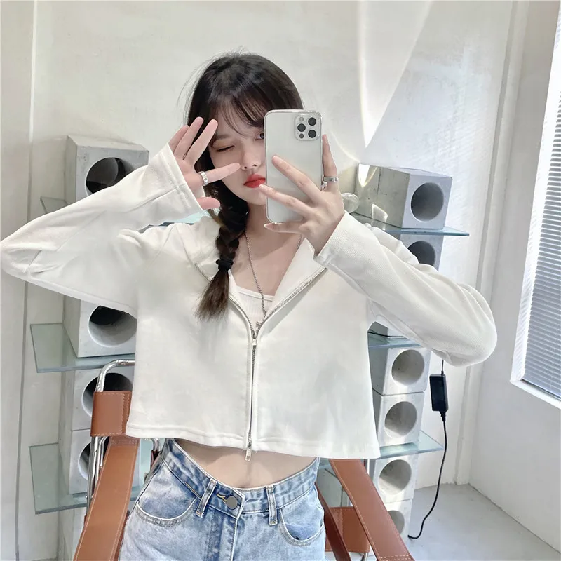 

Spring and Autumn Hooded Zip-up Long Sleeve Loose Women Sweatshirts Korean Fashion Loose Solid Color INS Student Top