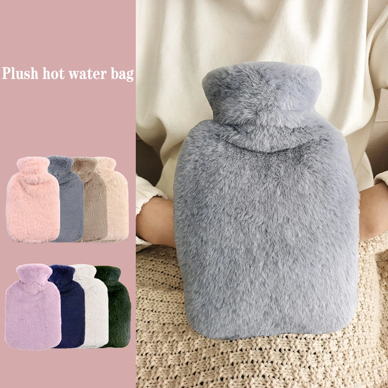 

1000ml Plush Faux Fur Hand Warmer Winter Hot Water Bottles Pure Natural Rubber Cosy Grey Cover Back Neck Waist Hand Bed Warm