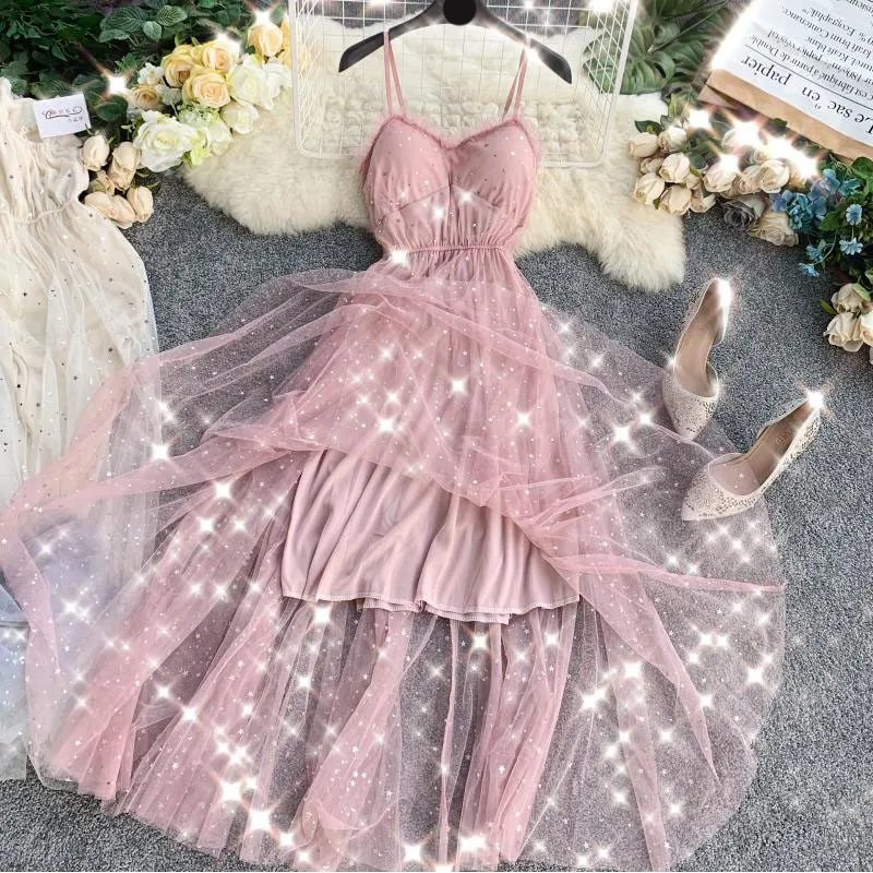 

ZCWXM Summer Women Party Dress Elegant Sequined Lolita Mesh Long Dress Ladies Sexy Spaghetti Strap Appliques Long Dress Female