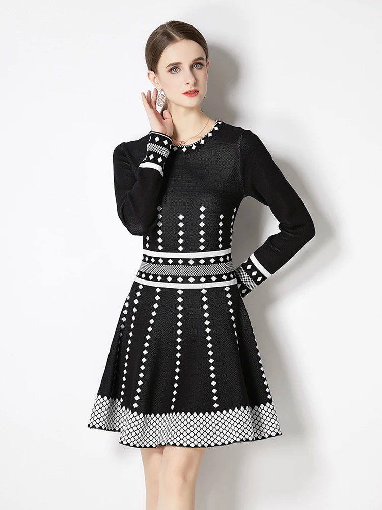 

Women Striped Geometric Jacquard Sweater Dress Winter Christmas Warm Long Sleeve O Neck Ball Gown Knit Short Party Vestidos