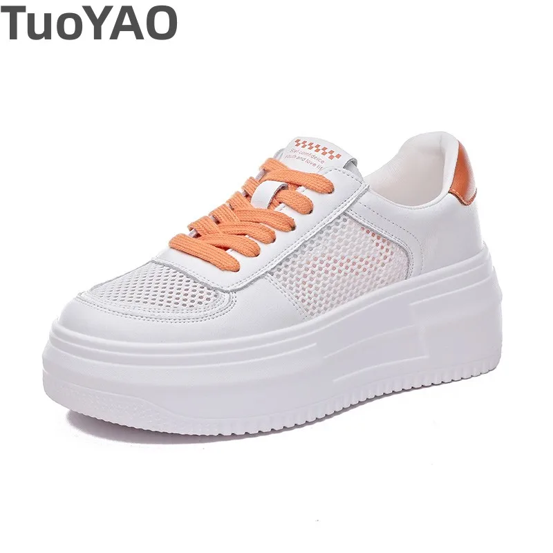 

5cm Genuine Leather Women Casual Mesh Shoes Chunky Sneakers Platform Wedge Hidden Heel Women Leisure Shoes Summer Sneaker Women