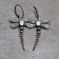 vintage silver color dragonfly earrings ethnic metal inlay moonstone two tone beaded dangle earrings for women jewelry