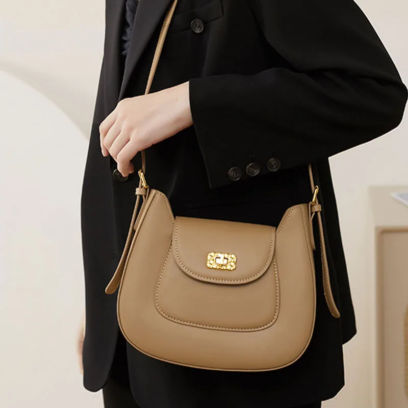 LOERSS Saddle Bag for Women Solid Color Genuine Leather Underarm Bag Versatile Commute Shopping Hand Bags Mini Purse and Handbag