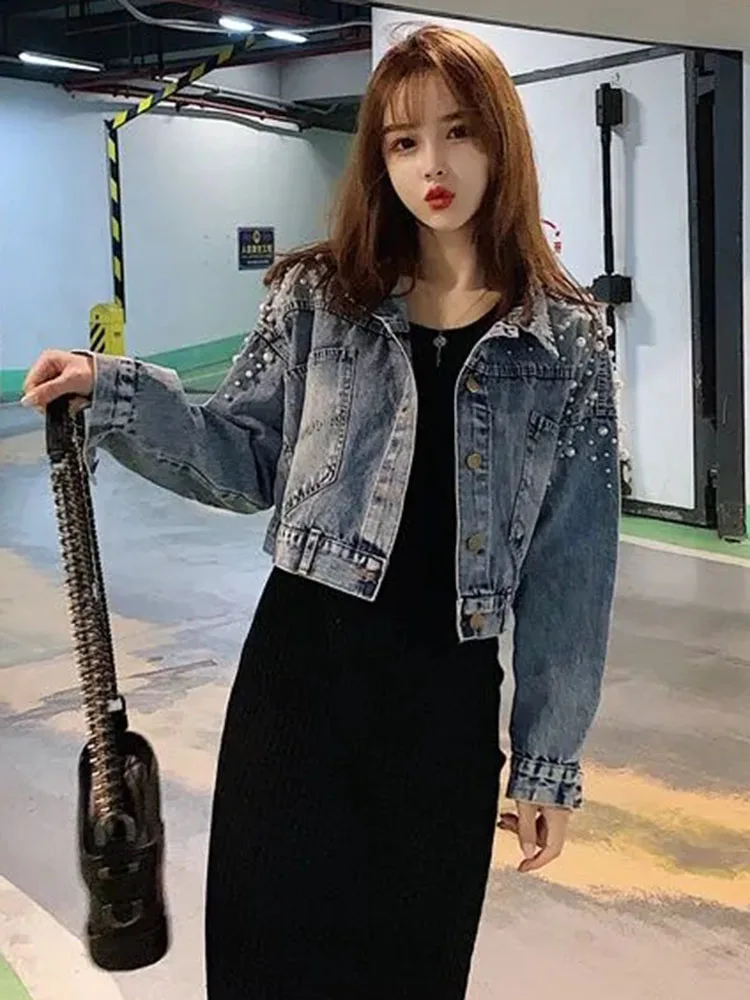 

Fashion Short Pearl Denim Jackets Loose Women Casual Casacos Classics Vintage Button Ceketler Korean Cowboy Spring New Chaquetas