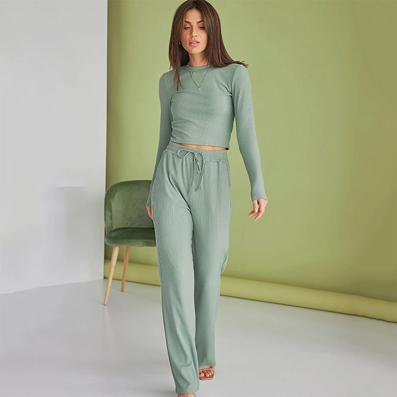 

Pajama Knitted Ribbed Women's Nightwear 2 Piece Sets Long Sleeve Sleepwear Female Casual Trouser Suits Solid Autumn Pijama pant