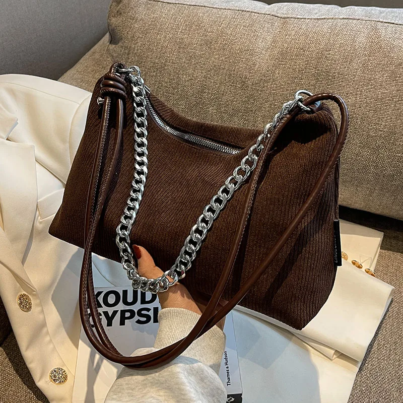 

Striped Corduroy Shoulder Side Bags for Women 2022 Trend Vintage Large Designer Chain Handbags Lady Crossbody Hobo Underarm Bag