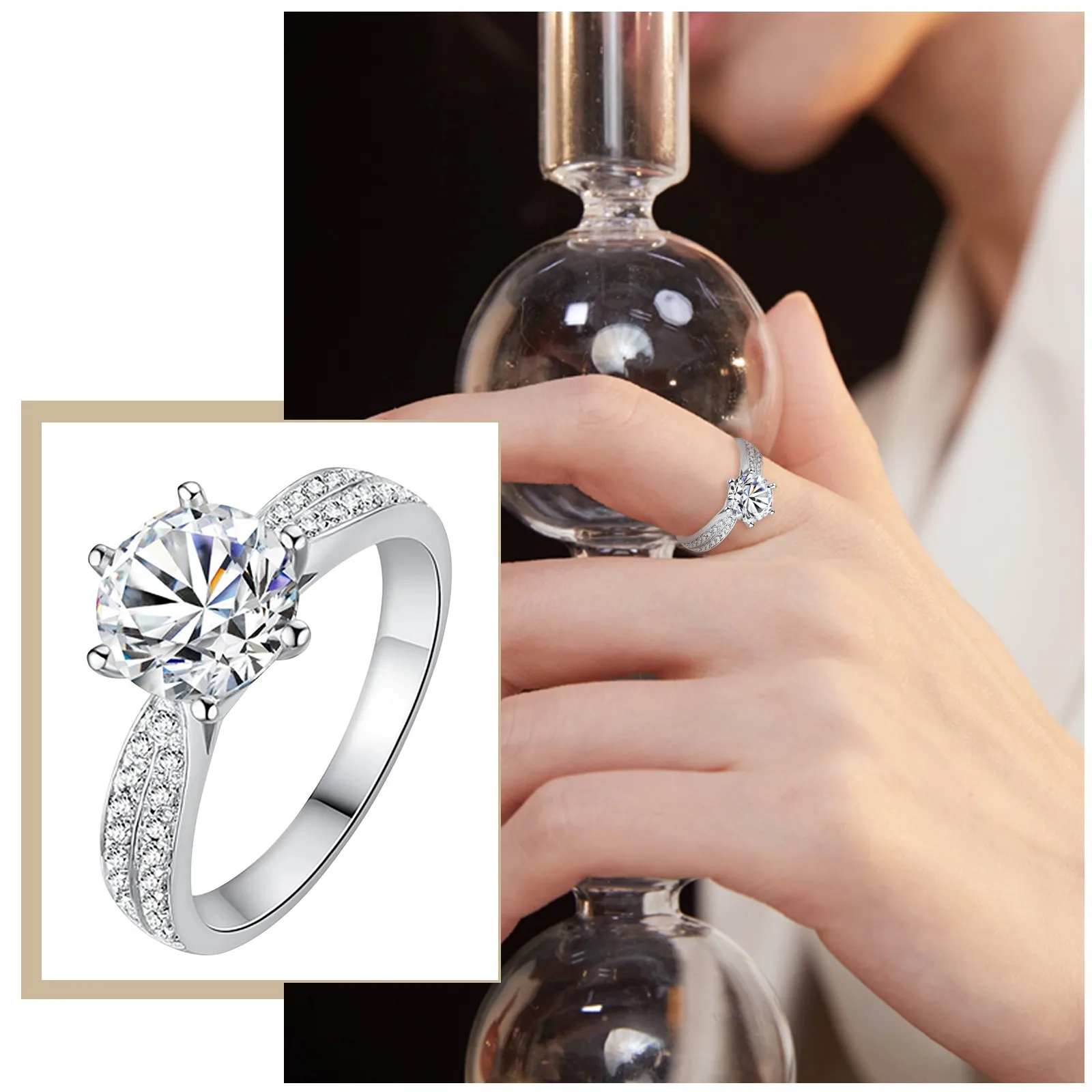 Бриллиантовое роскошное женское маленькое круглое кольцо из стерлингового