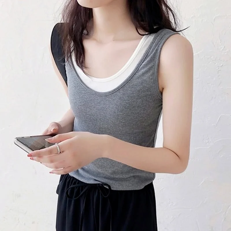

Summer Fake Two Pieces Foldable Inner Stretch Threaded Sexy Vest Thin Gray Tops Female Korean Sleevess Y2k Tank Tops Camisoles