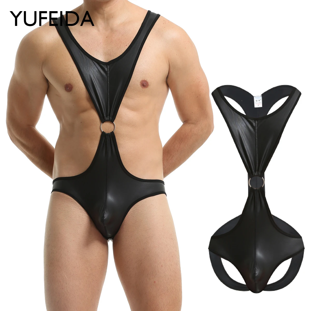 

Сексуальное мужское нижнее белье YUFEIDA из искусственной кожи, боди, фетиш, гей-бандаж, боди, комбинезон, стринги, Т-образный вырез, боди, карман для пениса, костюм-кошка
