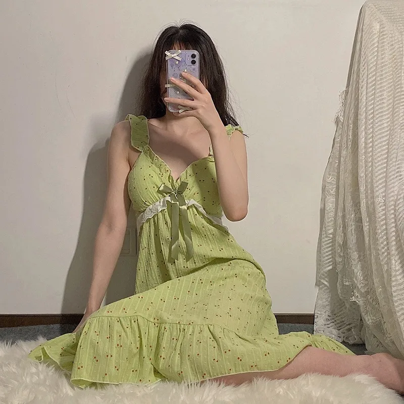 Sling Woven Jacquard Mid Length Nightdress Sweet Nightdress Homewear  women nightgown  шелковое платье