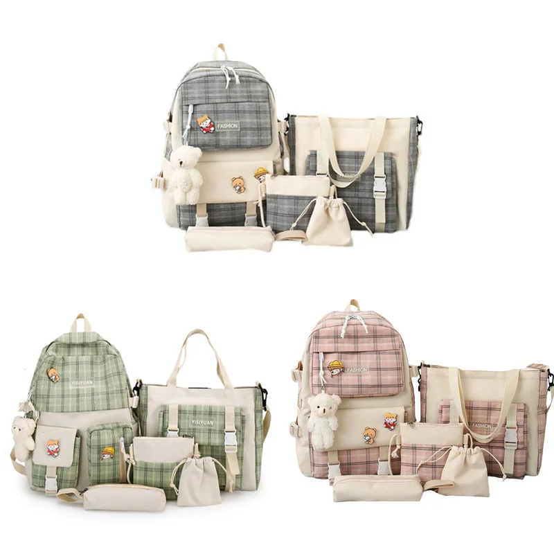 

Girls 5Pcs/Set Backpack Primary School Shoulders Bags,Cute A2023hetic Backpack Large Capacity School Bag with Pendant, 3 Colors