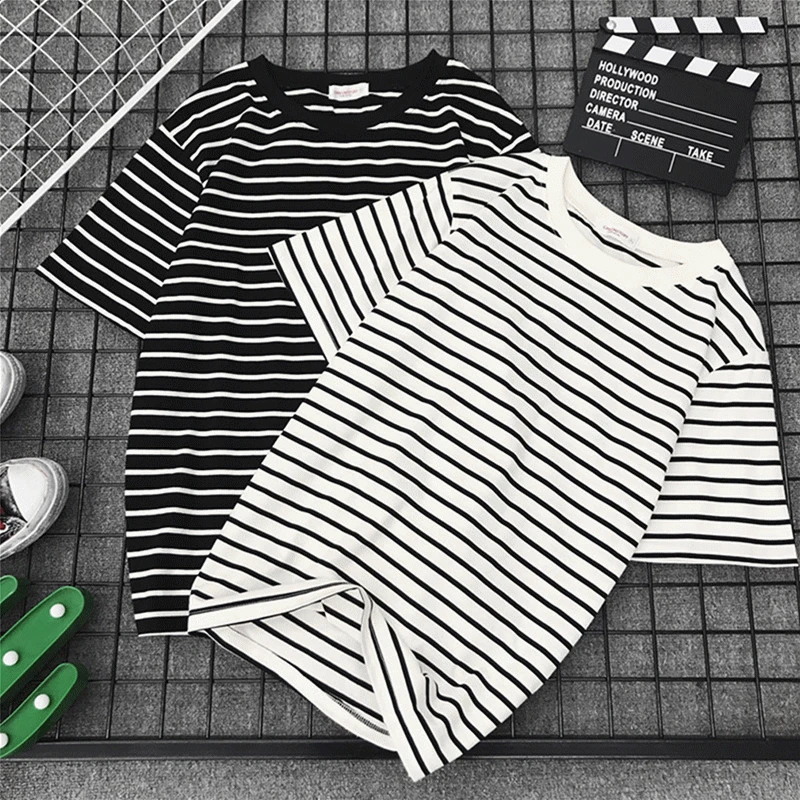 

Women Short Sleeve T Shirt Classic Black White Striped T-shirt Women Loose T-shirt Casual Tope Tees Harajuku Tshirt