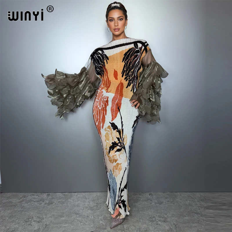 Фото WINYI эластичное тонкое плиссированное платье, пляжное платье, кафтан в стиле бохо, Абая, Дубай, роскошное вечернее платье, длинное пуховое мусульманское женское вечернее платье №1