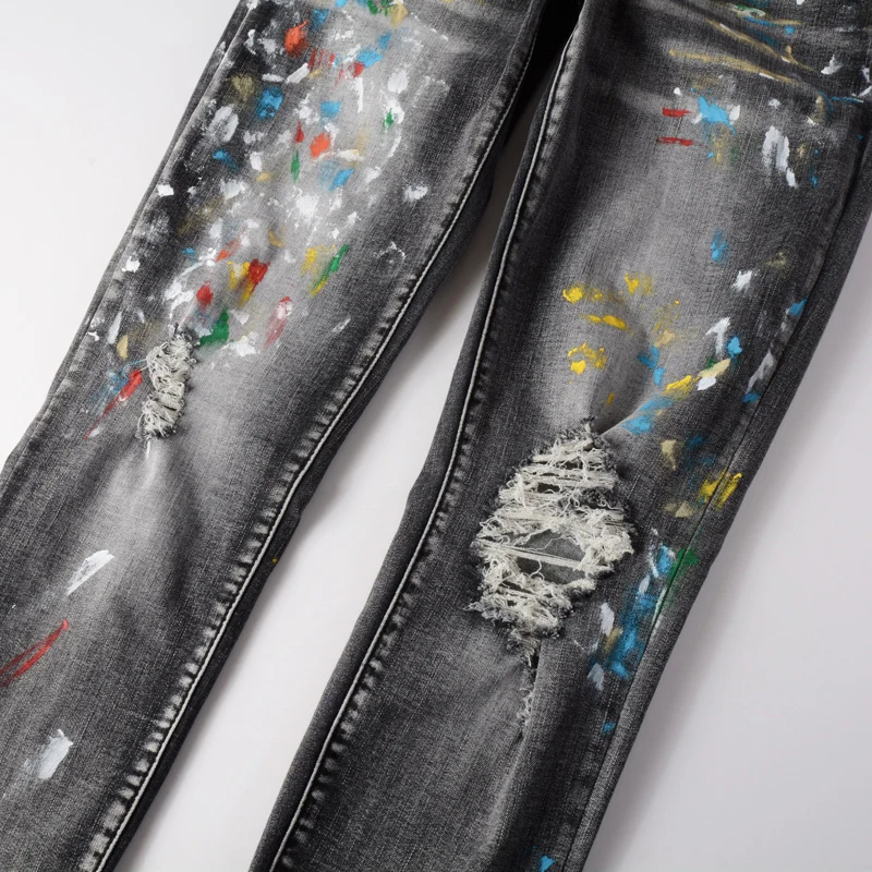 High Street Fashion Men Jeans Retro Black Gray Stretch Skinny Fit Ripped Jeans Men Painted Designer Hip Hop Brand Pants Hombre