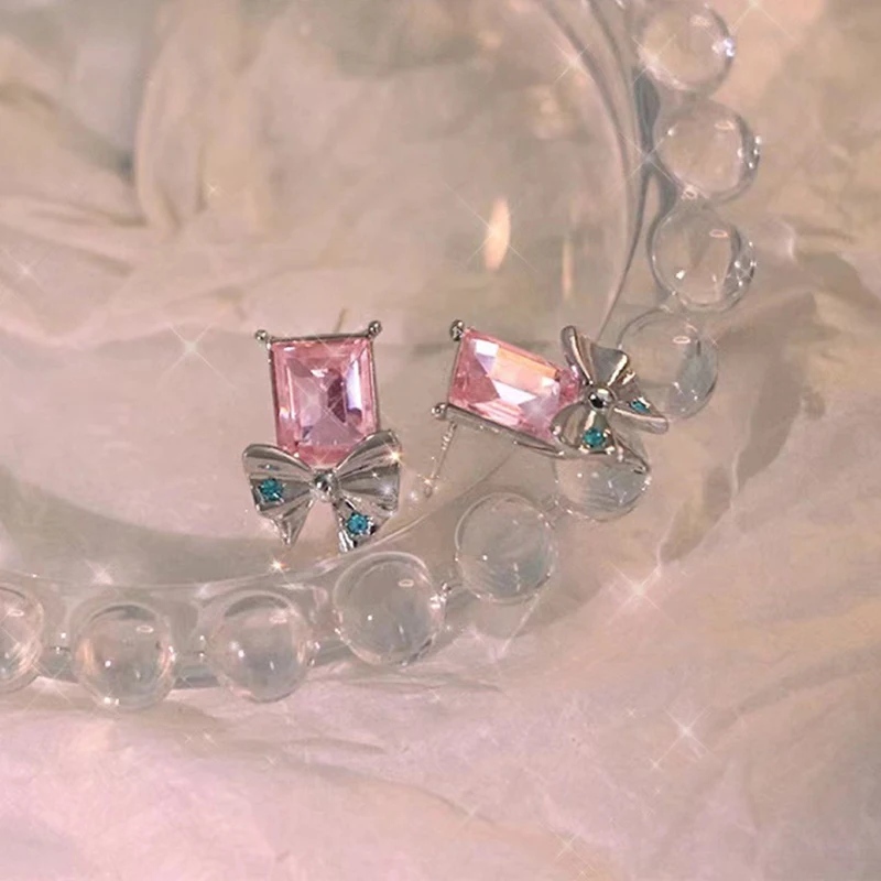 

INS Cute Summer Holiday Alloy Pink Bow Earring for Women Creative Silver Needle Romantic Dating Jewelry Korean Fashion Wholesale