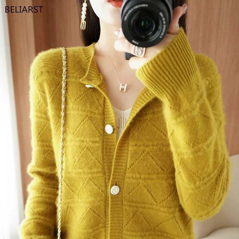 BELIARST весенне-осенний Новый кашемировый свитер женский кардиган с круглым