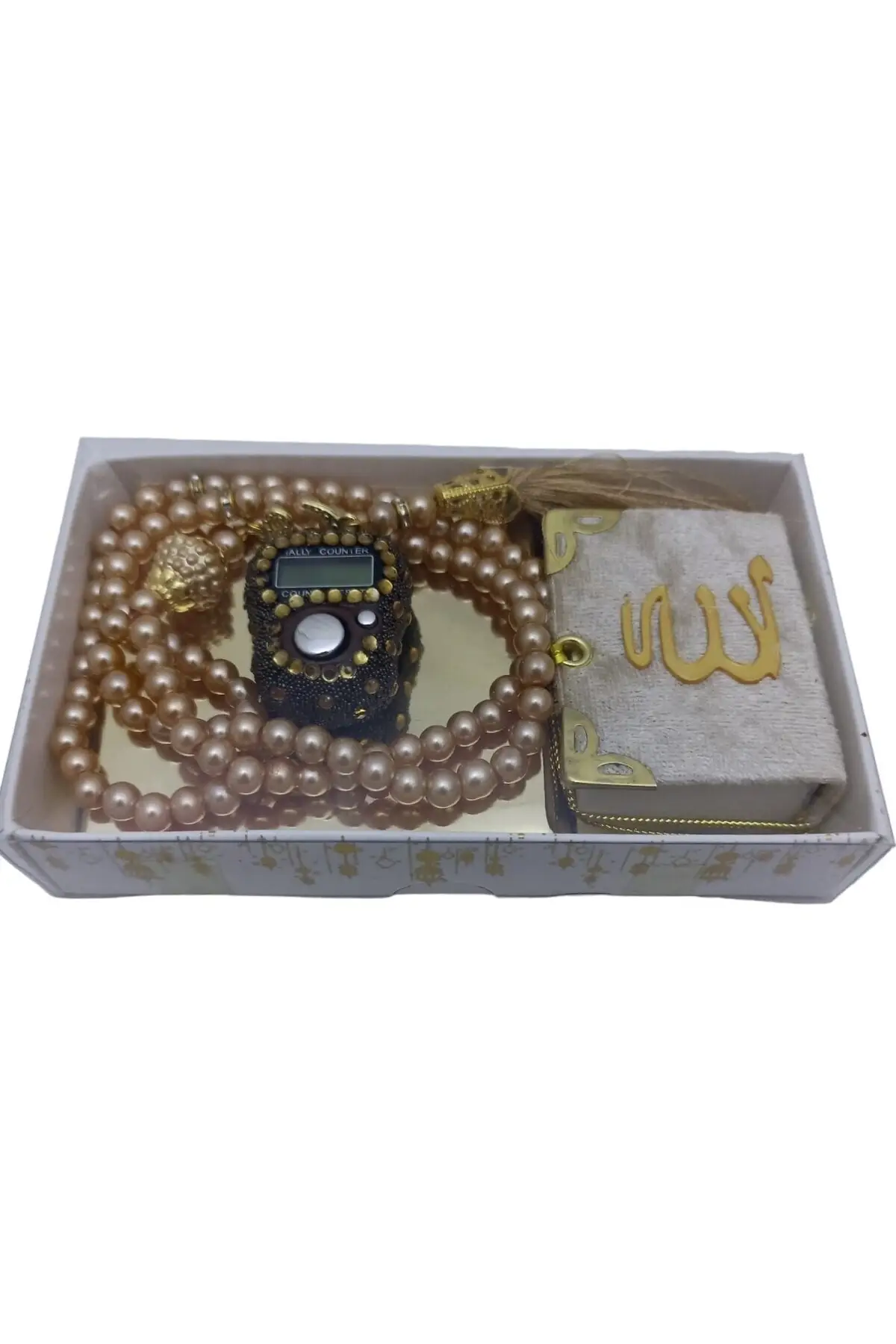 

Gift Boxed Mevlit Gift Set Gold (Mini Quran Pearl Prayer Beads 99 Stone Zikirmatik)