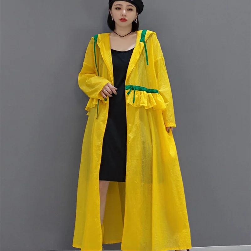 

Female Long Style Summer Jacket Full Sleeve Hooded Outfit Patchwork Thin Trench Coat Chaqueta larga de verano para mujer