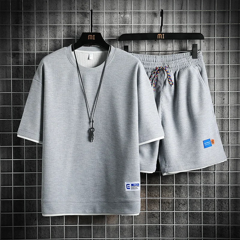 Summer Waffle Men Sets Casual Loose Sports Two-Piece Fashion High-Quality Couples Suits Comfortable Breathable Short-Sleeved Set