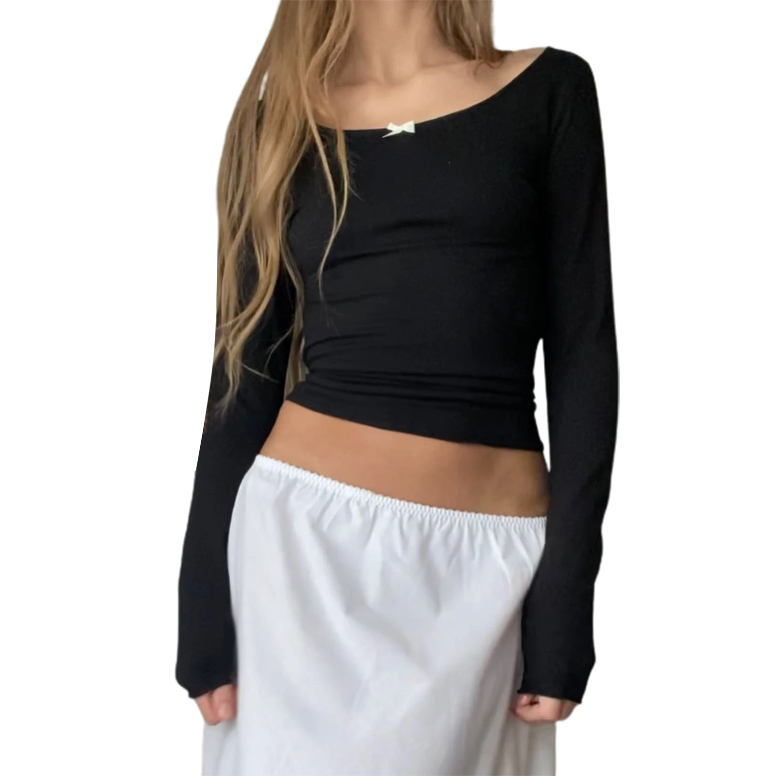 

Women's Tube Top Basic Tops Casual Long Sleeve Scoop Neck Bow Front Slim Fit Women's T-Shirt Blouses High Streetwear Y2k Summer