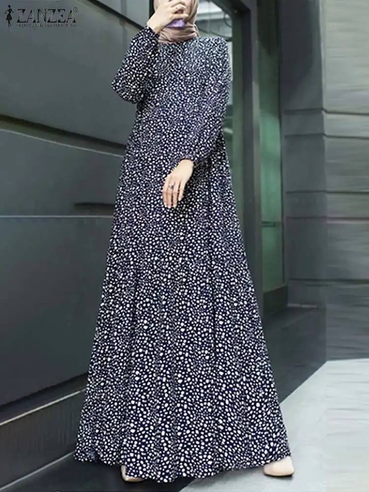 Модное женское мусульманское хиджаб платье в горошек с принтом ZANZEA, повседневный Макси-сарафан, платье для женщин, Рамадан, Дубай, Турция, пл...