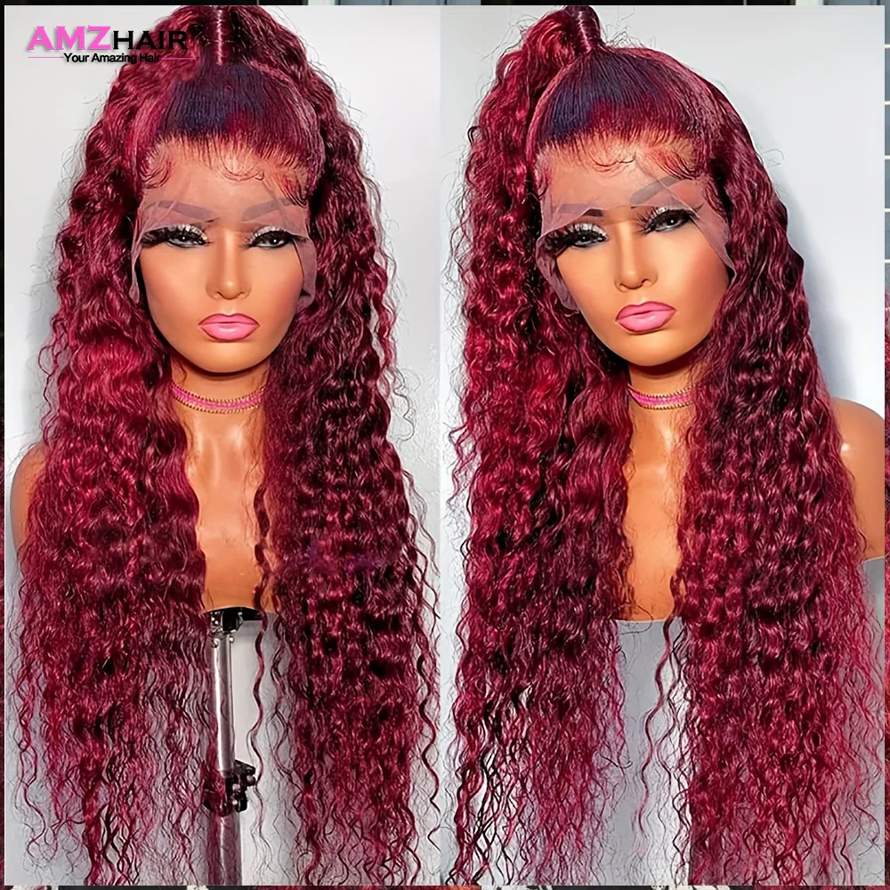 

99j цветной парик из человеческих волос 13x 4 на сетке спереди, водная волна, бордовый 4x4 Hd парик на сетке, бразильский предварительно выщипанный кудрявый парик для женщин