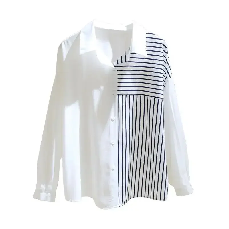 Полосатая соединяющая белая рубашка свободного похудения женская с длинным