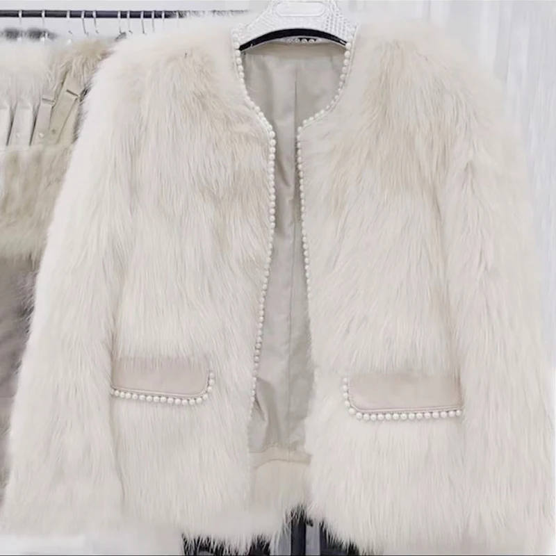 Women's Short Fur Coat 2022 Autumn Winter Fox Fur Korean Style Long Sleeve Jacket Female Beads V Neck High Street Outerwear