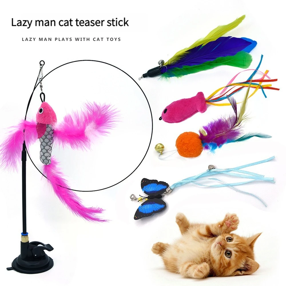 2023 New Pet Cat Toy Cat Wand Fluffy Feather with Bell Sucker Cat Stick Toy Interactive Toys for Cats Kitten Hunting Exercise