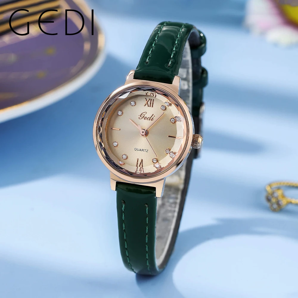 GEDI Retro Fashion Women Quartz Wrist Watches Luxury Brand Vintage Elegant Waterproof Leather Strap Ladies Clock Green Gold 2023