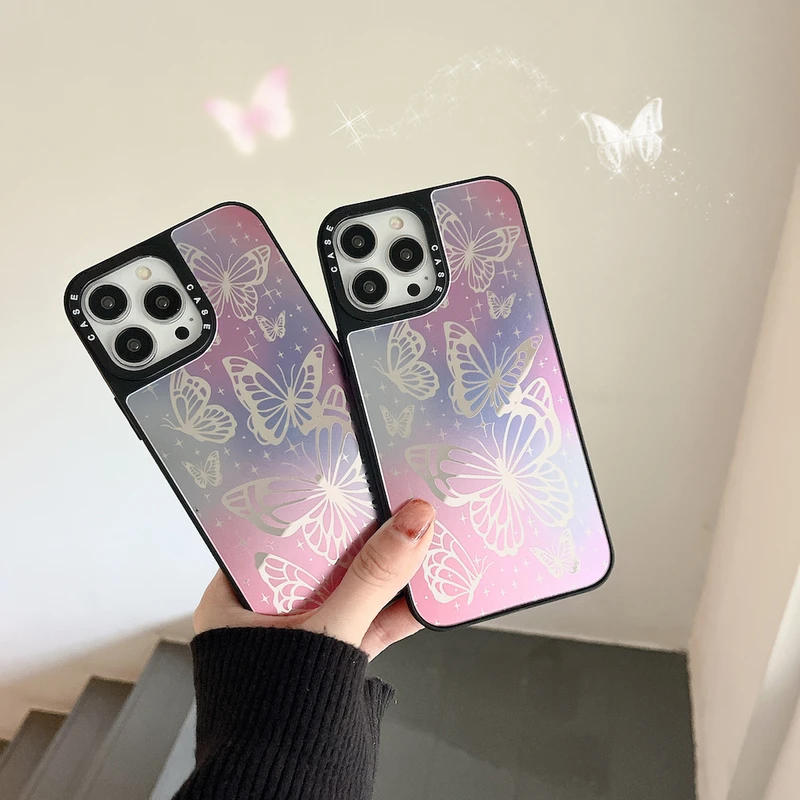 

Luxury Cute Elegant Butterfly Blu-ray Laser Mirror Phone Case For iPhone 14 13 12 11 Pro Xs Max X Xr 7 8 Puls SE 2 Hard PC Cover