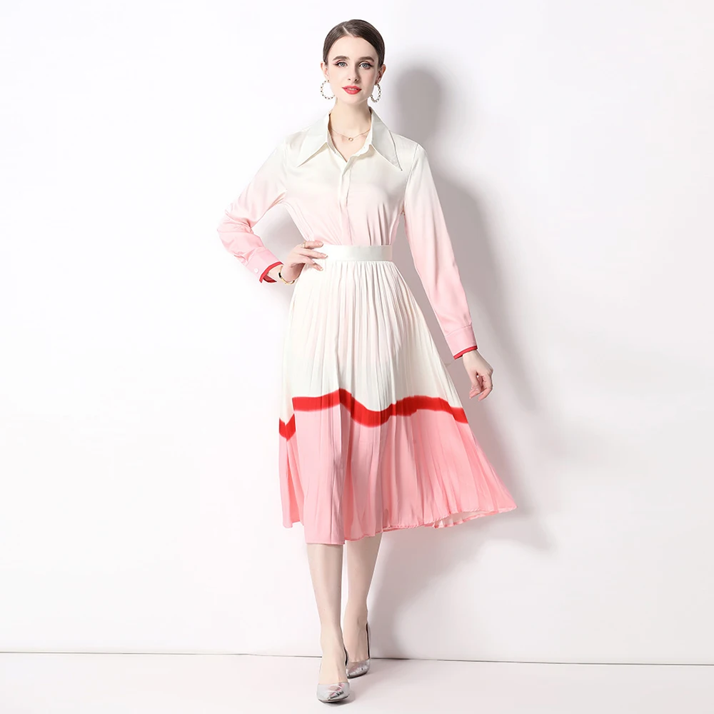 

Женский модельный комплект из 2 предметов, блузка с длинным рукавом и градиентным принтом и плиссированная юбка миди, элегантный праздничный комплект, M2225