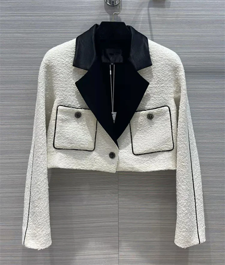

European and American women's wear spring 2022 new Long sleeve suit collar fashion White single-breasted tweed Short coat
