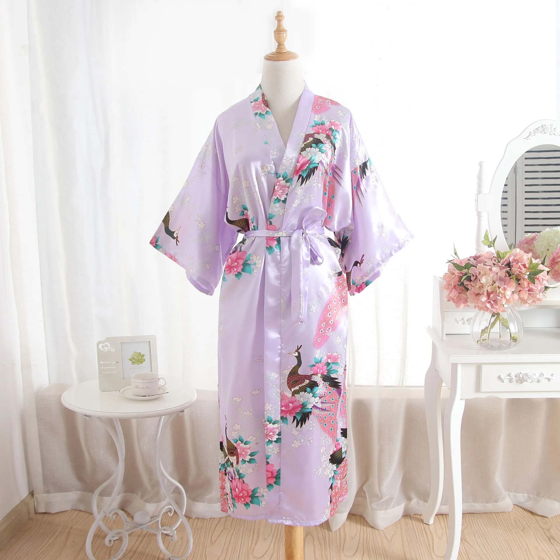 Women Mid-length Robes Sexy Half Sleeve Home Wear Japanese-style Lace Robe Summer Thin Woman Floral Print Nightgown