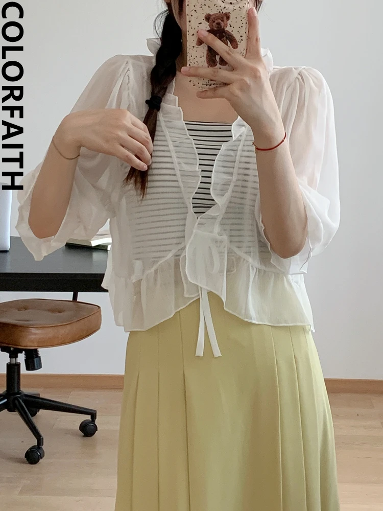 

Colorfaith CA6029JM New 2023 Ruffles Sweet Vintage Elegant Lady Sexy Sunscreen Shirt Women Spring Summer Cardigan Short Tops