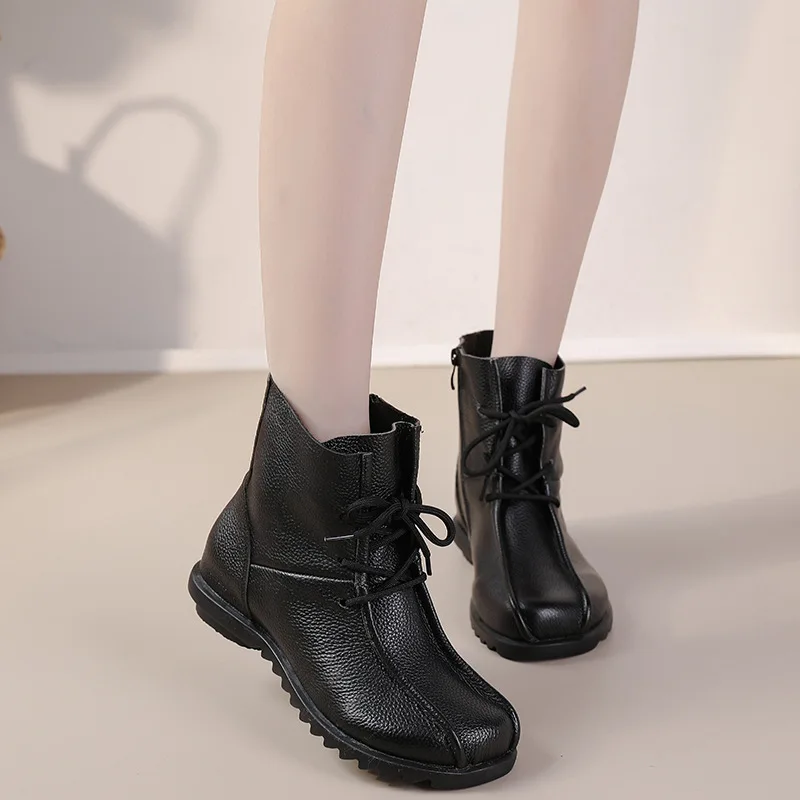 Genuine Leather Boots for Woman Female Autumn Womens Thick Rubber Booties Winter Plush Round Toe Ladies Vintage Ankle Boot Shoes