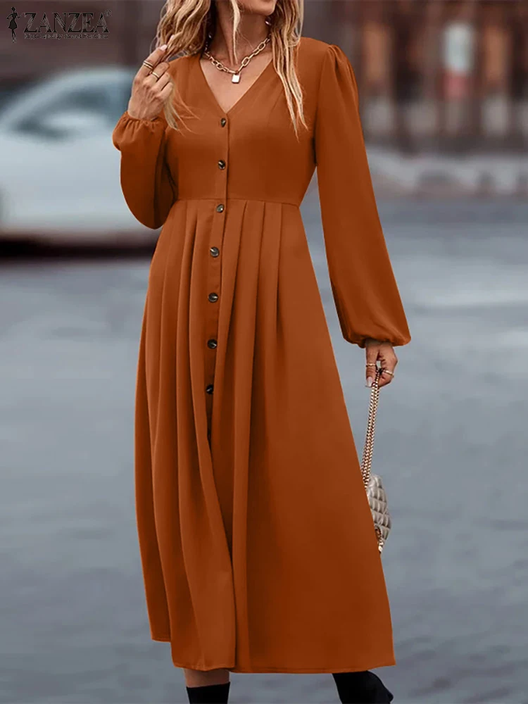 

Платье ZANZEA женское с пышными рукавами, Модное Элегантное Длинное Плиссированное однотонное праздничное платье с V-образным вырезом, на пуговицах, в винтажном стиле