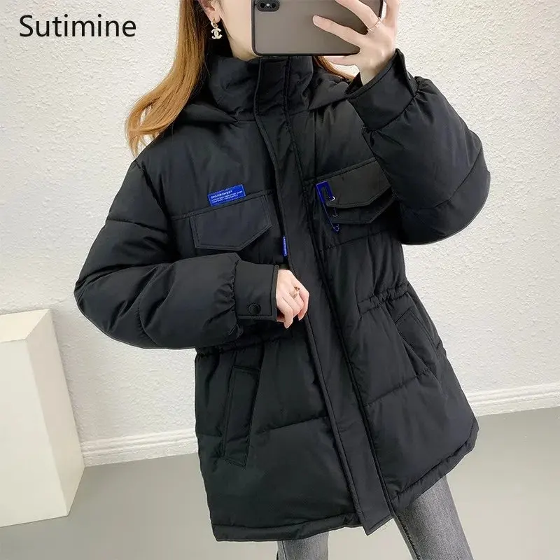 Winter Clothes Women Spliced Office Lady Down Cotton Padded Women Thick Casual Sexy Loose Coat Lace-up Drawstring Coat Women
