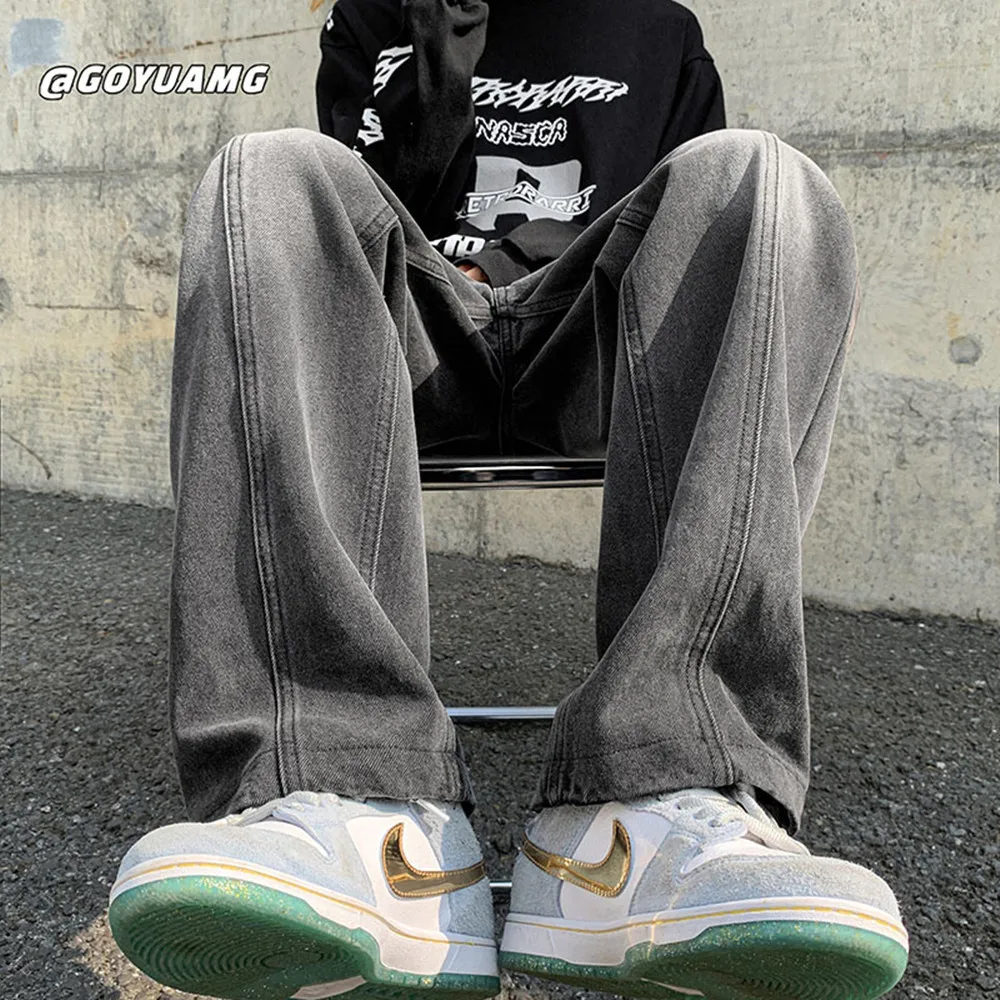 Vintage Mens Jeans Loose Straight Leg Autumn/Winter High Street Fashion Brand American Street Vibe Long Pants for Men