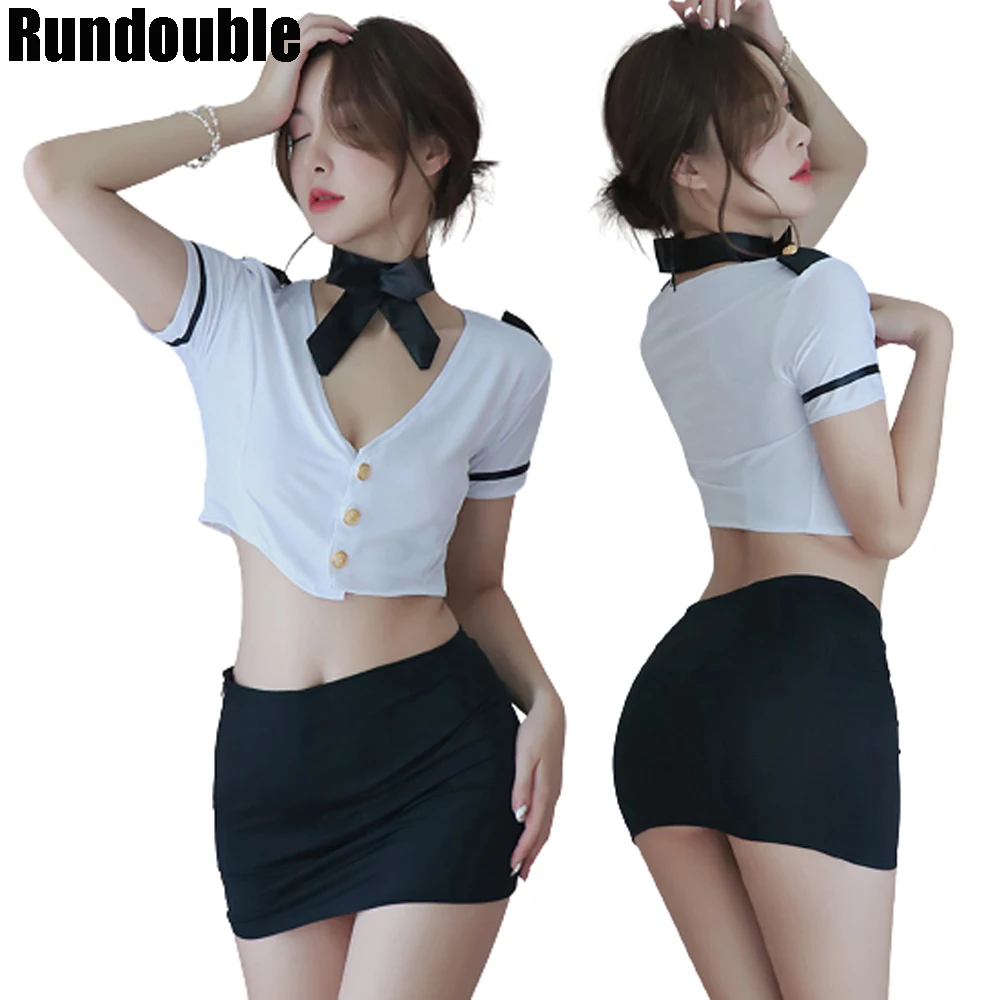 

Горячая сексуальная женская летная Униформа с бантом Экзотические костюмы с глубоким V-образным вырезом комплект с короткой юбкой Женская ...