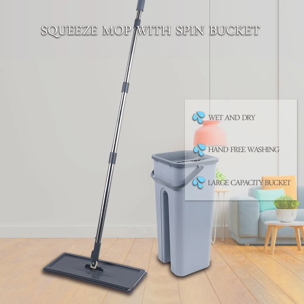 

Household Squeeze Mop With Spin Bucket Hand Free Floor Cleaning Utensils For Home And Kitchen Microfiber Flat Cloth Pads