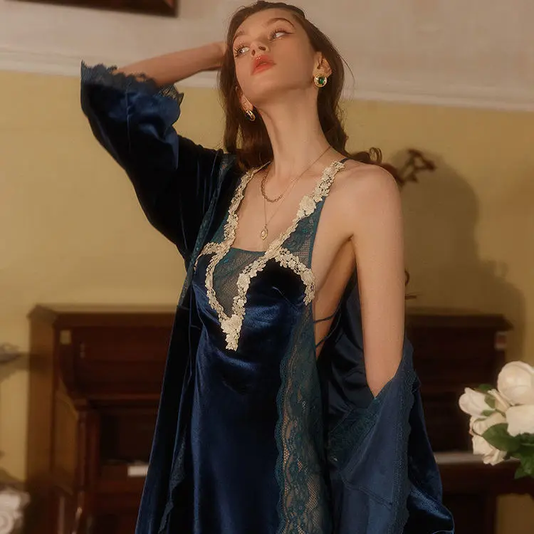 Gold velvet pajamas suit sexy high-end homewear leisure breathable sleepwear nightdress for women